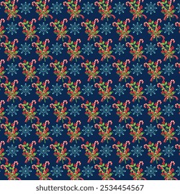 Christmas seamless pattern with candy cane and snowflakes