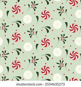 Christmas Seamless Pattern with Candy Cane and winter twigs. New Year pattern for fabric, scrapbooking, wrapping paper, postcard, banner.