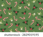 Christmas seamless pattern with candy canes, holly, and mistletoe on green background. Festive winter design for wrapping paper, textiles, cards, and holiday decor.