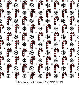 Christmas seamless pattern with candy canes. Hand drawn doodle style. Black and white vector illustration. Isolated on white background. Perfect for wrapping paper, wallpaper, fabric print