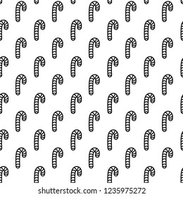 Christmas seamless pattern with candy canes. Hand drawn doodle style. Black and white vector illustration. Isolated on white background. Perfect for wrapping paper, coloring pages, fabric print