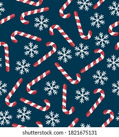 Christmas seamless pattern with candy canes, snowflakes, snow ball on blue background. Background for wrapping paper, fabric print, greeting cards. Winter Holiday design. eps 10