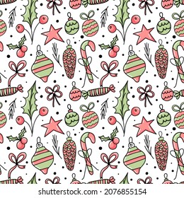 Christmas seamless pattern with candy canes, mittens, scarfs, baubles and snowflakes. Vector for paper, wallpaper, fabric, interior design.