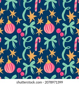 Christmas seamless pattern with candy canes, garlands, bows, stars and baubles on navy blue background.Vector for paper, wallpaper, fabric, interior design.