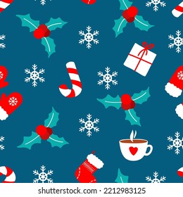 Christmas seamless pattern of candy canes, mittens , christmas socks, gifts, berry and leaves holly and snowflakes.  Vector illustration.