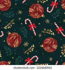 Christmas seamless pattern with candy canes, snowflakes, red christmas balls on green background. Background for wrapping paper, fabric print, greeting cards. Winter Holiday design.