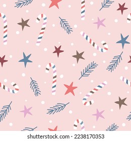 Christmas seamless pattern with candy canes, pine leaves, stars and snow on pink background.