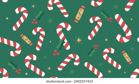 Christmas seamless pattern with candy canes and holiday decoration. Vector xmas green background for decorative wrapping paper.