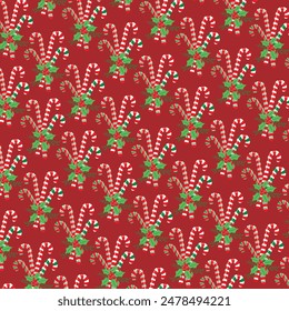 Christmas seamless pattern with candy canes and wreath