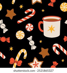 Christmas seamless pattern with candy canes, hot cup of tea, star ginger cookies, round candy. Background for wrapping paper, fabric print, greeting cards. Winter Holiday design.