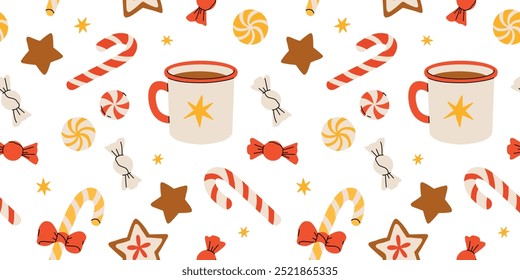 Christmas seamless pattern with candy canes, hot cup of tea, star ginger cookies, round candy. Background for wrapping paper, fabric print, greeting cards. Winter Holiday design.