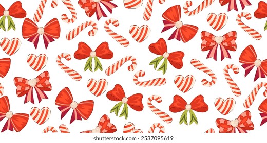 Christmas Seamless Pattern with Candy Canes, Hearts, and Red Bows. Holiday background in hand drawn style