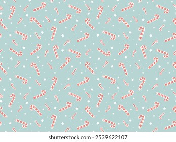 Christmas seamless pattern with candy canes on mint green background. Sweet holiday winter background design