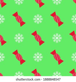 Patrón de Navidad sin fisuras con caramelo de caramelo de caramelo, copo de nieve blanco sobre fondo verde. Concepto de vacaciones de invierno. Papel pintado, rayado, ropa, tela, fondo vectorial textil