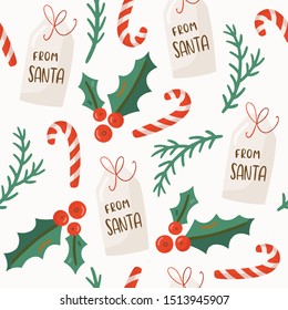 Christmas seamless pattern with candy, gift tag, mistletoe. Scandinavian style. Vector illustration