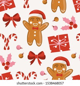 Christmas seamless pattern with candy, gifts, gingerbread man. Scandinavian style. Vector illustration