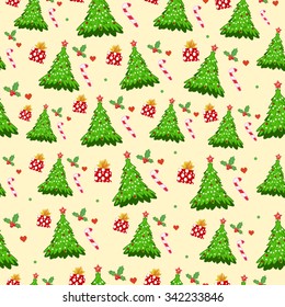 Christmas seamless pattern with candy, gifts and colorful beautiful christmas tree