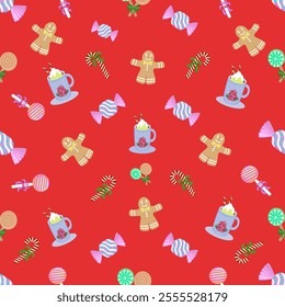 Christmas seamless pattern with candy, gingerbread cookies, candy can, dessert, red background, design for background, wall paper, decoration, wrapping, holiday decorate