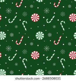 Christmas seamless pattern with candy and snowflakes isolated on green background.Merry Xmas vector graphic illustration wallpaper.