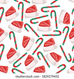 Christmas seamless pattern with caps of Santa Claus and sweets. New Year. Vector illustration.