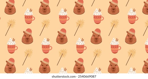 Christmas seamless pattern with capybara in a cute knit hat, sparklers, coffee mug with whipped cream. New Year winter background. Vector pattern for packaging, textiles, scrapbooking.