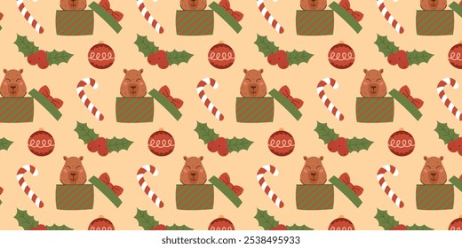 Christmas seamless pattern with Capybara in gift box, candy cane, holly branch. New Year winter vector background for packaging, textiles, scrapbooking.