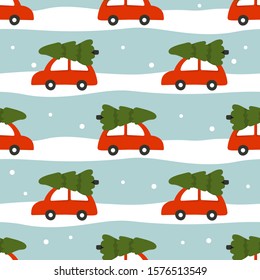 Christmas seamless pattern of the car driven by Christmas tree on snow road background. Creative wrapping texture of simple hand drawn childish icons. Winter wallpaper illustration.