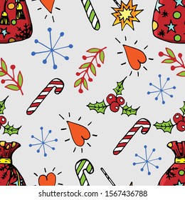 Christmas seamless pattern with caramel cane, heart, snowflake, twig, bag with gifts, holly sprig, isolate on a white background. Cartoon stile. Used for printing, decoration, fabrics.
