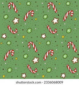 Patrón ininterrumpido de Navidad con caramelo, galletas, estrellas y copos de nieve, ilustración vectorial