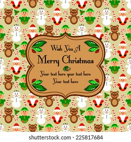 Christmas seamless pattern card background with snowman, santa, polar bear and lollipop, beige