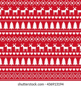 Christmas seamless pattern, card - Scandinavian sweater style. Cute Christmas background - Xmas trees, deers, hearts and snowflakes. Design for textile, wallpaper, web, fabric, decor etc.