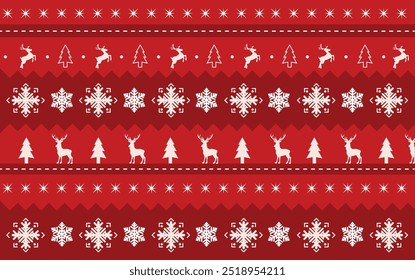 Christmas seamless pattern. Cardigan sweater design, Wallpaper, gift wrap, textile printing. Christmas winter holiday decoration with Christmas tree, snowflakes, deer.