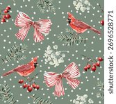 Christmas seamless pattern, cardinal bird, striped bow, fir twigs, red berries, snow, green background. Vector illustration. Nature design. Winter season greeting. New Year holidays