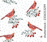 Christmas seamless pattern, cardinal birds, red berries, twigs, snow, white background. Vector illustration. Nature design. Season greeting. Winter Xmas holidays