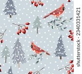 Christmas seamless pattern, cardinal birds, red berries, fir trees, twigs, snow, gray background. Vector illustration. Nature design. Season greeting. Winter Xmas holidays