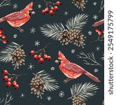 Christmas seamless pattern, cardinal birds, pine twigs, cones, red berries, snowflakes, black night background. Vector illustration. Nature design. Season greeting. Winter holidays