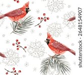 Christmas seamless pattern, cardinal birds, pine twigs, red berries, snowflakes, white background. Vector illustration. Nature design. Season greeting. Winter Xmas holidays