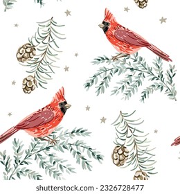 Christmas seamless pattern, cardinal birds, green twigs, cones, white background. Vector illustration. Nature design. Season greeting. Winter Xmas holidays