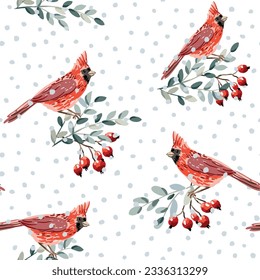 Christmas seamless pattern, cardinal birds, red berries, twigs, snow, white background. Vector illustration. Nature design. Season greeting. Winter Xmas holidays