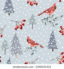 Christmas seamless pattern, cardinal birds, red berries, fir trees, twigs, snow, gray background. Vector illustration. Nature design. Season greeting. Winter Xmas holidays