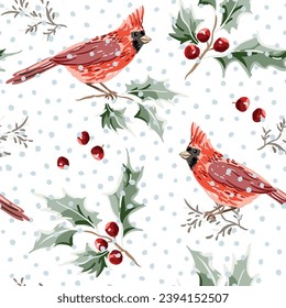 Patrón de Navidad sin costura, pájaros cardinales, ramas huecas, bayas rojas, nieve, fondo blanco. Ilustración vectorial. Diseño natural. Saludo de temporada. Vacaciones de invierno