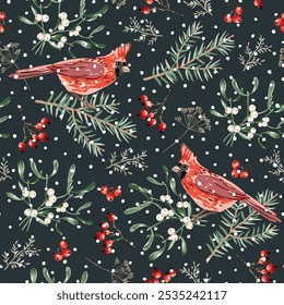 Christmas seamless pattern, cardinal birds, pine twigs, red berries, mistletoe, snow, black night background. Vector illustration. Nature design. Season greeting. Winter holidays