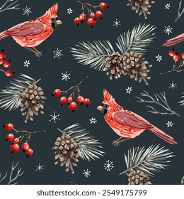 Christmas seamless pattern, cardinal birds, pine twigs, cones, red berries, snowflakes, black night background. Vector illustration. Nature design. Season greeting. Winter holidays