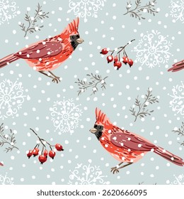 Christmas seamless pattern, cardinal birds, red berries, twigs, snowflakes, snow, gray background. Vector illustration. Nature design. Season greeting. Winter Xmas holidays