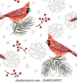 Christmas seamless pattern, cardinal birds, pine twigs, red berries, snowflakes, white background. Vector illustration. Nature design. Season greeting. Winter Xmas holidays