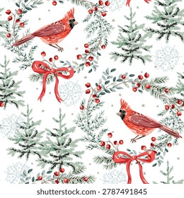 Christmas seamless pattern, cardinal birds, green twigs wreaths, red berries, bows, fir trees forest, stars, snowflakes, white background. Vector illustration. Nature design. Season greeting. Winter Xmas holidays