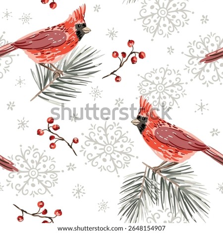 Christmas seamless pattern, cardinal birds, pine twigs, red berries, snowflakes, white background. Vector illustration. Nature design. Season greeting. Winter Xmas holidays