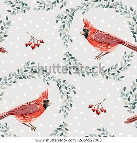 Christmas seamless pattern, cardinal birds, green twigs wreath, red berries, snow, gray background. Vector illustration. Nature design. Season greeting. Winter holidays
