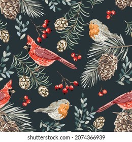 Christmas seamless pattern, cardinal, robin birds, red berries, fir twigs, cedar cones, black background. Vector illustration. Nature design. Season greeting. Winter Xmas holidays