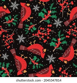 Christmas seamless pattern with cardinal xmas birds. Holiday pattern with holly leaves, foliage, snowflakes for wrapping paper, pattern fills, Thanksgiving web page background.